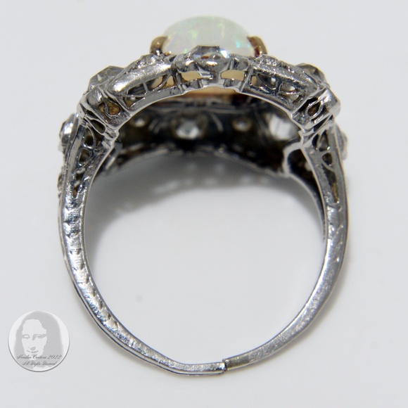 Art Deco Cocktail Ring Opal and Diamond Vintage Platinum Rare Early 20th C - Picture 14 of 16